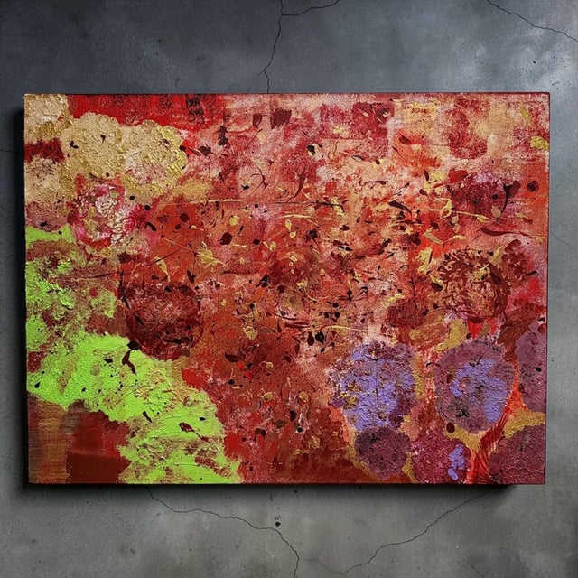 A striking 40 x 30 abstract expressionist painting with rich impasto texture and dynamic, layered movement throughout....