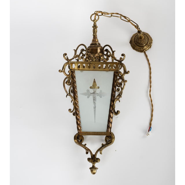French 1950s Brass & Etched Glass Cross Lantern For Sale - Image 3 of 11