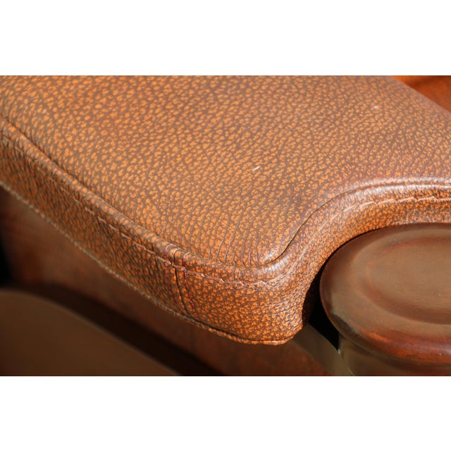 Vintage 1970s Brown Leather Sofa With Sculptural Wood Frame, Attached Cushions & Postmodern Modernist Design For Sale - Image 4 of 18