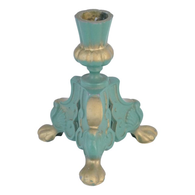 Art Deco Sage Green Metal Candleholder Star Metal, Sweden, 1940s For Sale