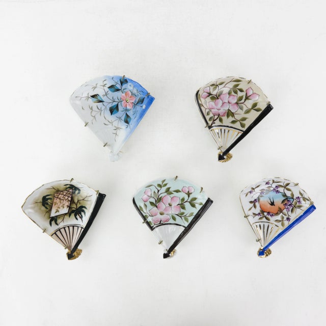 Set of Vintage Hand-Painted Fan-Shaped Plates With Floral and Scenic Designs For Sale - Image 11 of 11