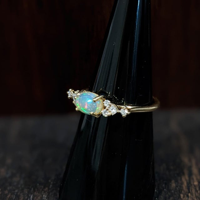 East West Opal Ring W Earth Mined Diamonds in Solid 14k Yellow Gold | Oval 8x6mm For Sale - Image 11 of 18