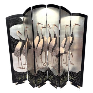 Art Deco Style Six-Panel Silver Leaf Crane Screen, Hong Kong, Circa 1980 For Sale