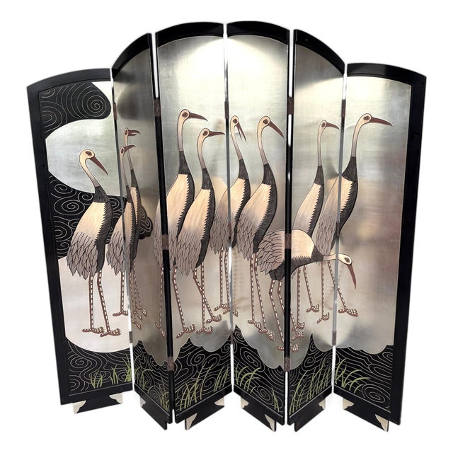 Art Deco Style Six-Panel Silver Leaf Crane Screen, Hong Kong, Circa 1980 For Sale