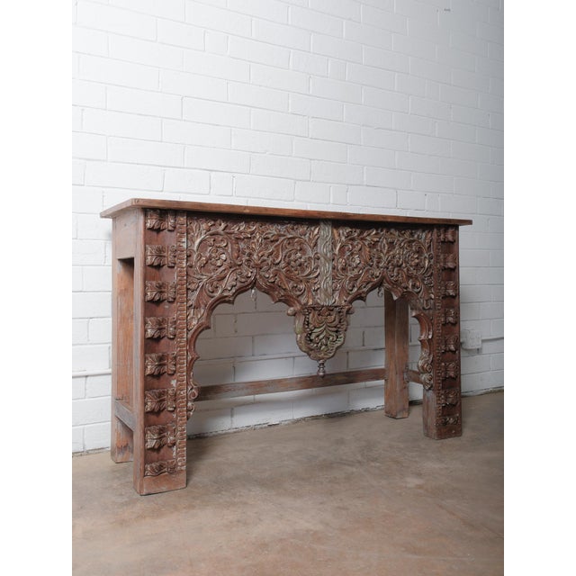 Rustic Vintage Hand-Carved Wooden Console Table With Ornate Floral Details For Sale - Image 3 of 7