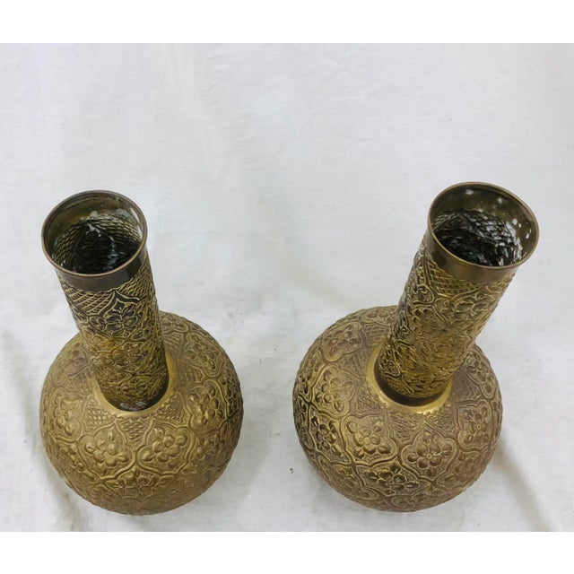 Metal Vintage Brass Vases - a Pair For Sale - Image 7 of 8