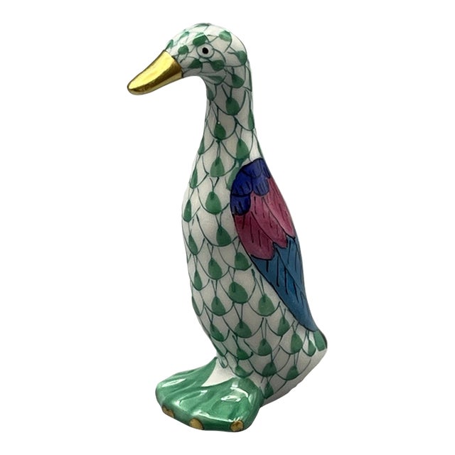 Vintage Herend Green Fishnet Little Goose Figurine For Sale