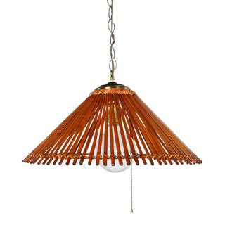 Vintage Mid-Century Modern Split Rattan Conical Hanging Swag Light Antiqued Brass Accents For Sale