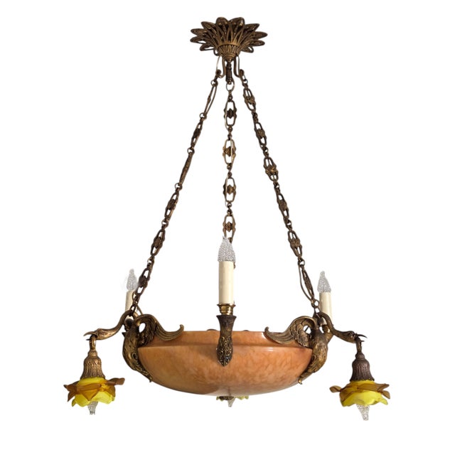 Traditional Antique Neoclassical Amber /Honey Alabaster, Gilt Bronze Chandelier W-Griffin Mounts For Sale - Image 3 of 18