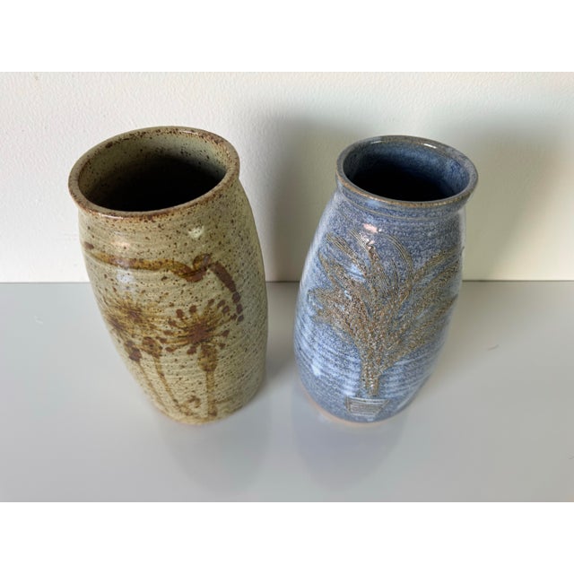 Mid-Century Modern Pair of Vintage Handcrafted Botanical Motifs Studio Art Pottery Vases by Buk For Sale - Image 3 of 10