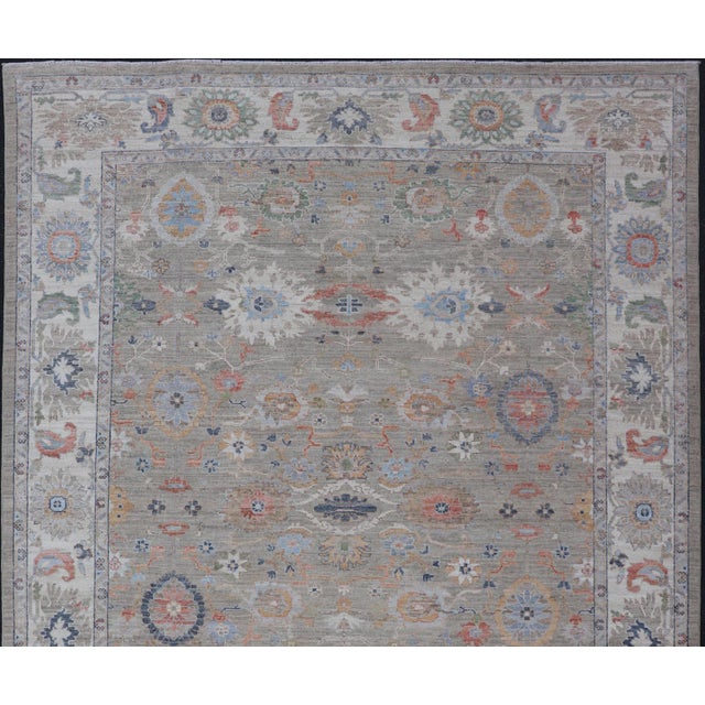 Traditional Modern Oushak Rug by Keivan Woven Arts, Muted Greens & Florals 9'0 X 12'4 For Sale - Image 3 of 15