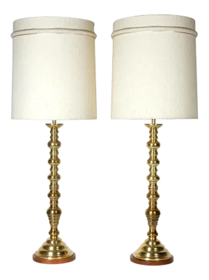 1950s Art Deco Brass Candlestick Table Lamps - a Pair