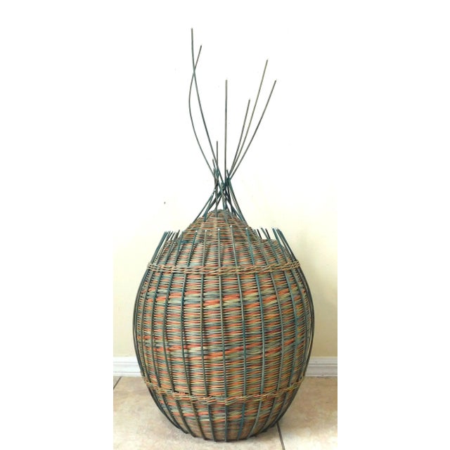 Large Vintage Sally J. Bright Colorful Rattan Wicker Basket With Lid For Sale - Image 12 of 12