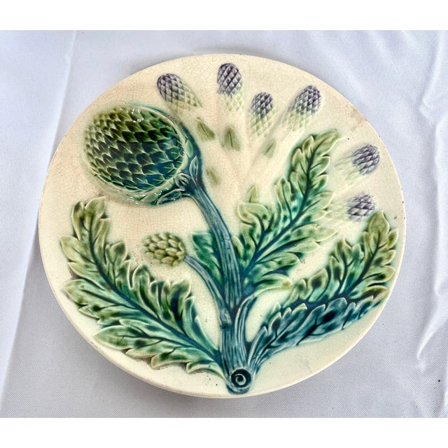 Asparagus Antique Late 1800s Luneville Barbotine Majolica Asparagus and Artichoke Plate For Sale - Image 8 of 13