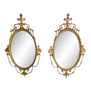 Pair of English Regency Style Gilt Wood Oval Mirror, Wall, Console, Over Mantle