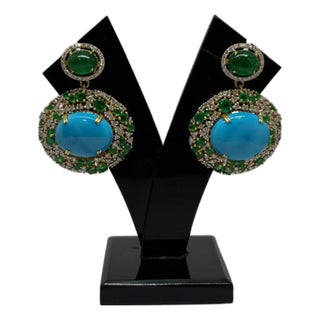 Natural Turquoise, Emerald & Diamond Earring in 14k Gold For Sale