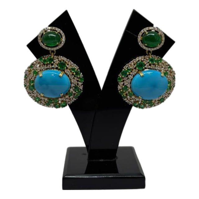 Natural Turquoise, Emerald & Diamond Earring in 14k Gold For Sale