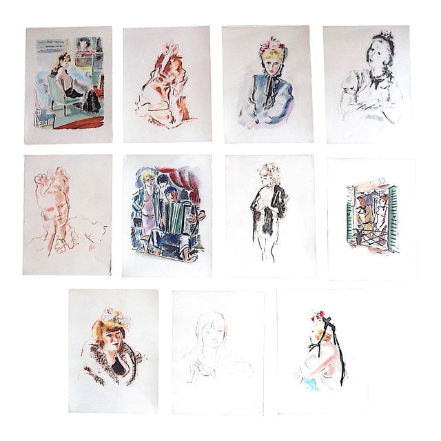 Authentic Vintage Mid 20th C. Ltd. Ed. Signed Andre Dignimont Hand Finished Folio Size Parisian Scenes & Nudes Lithographs Set of 11 For Sale