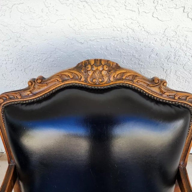 Wood Vintage Chateau Dax French Provincial Leather Chair & Ottoman For Sale - Image 7 of 12
