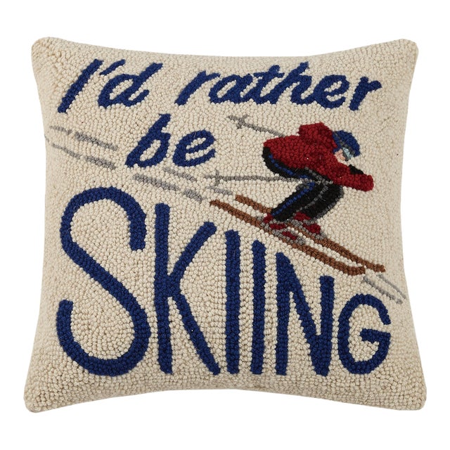 I'd Rather Be Skiing Hook Pillow 16" x 16" For Sale