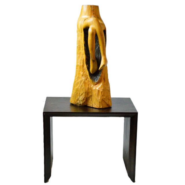 Hand Carved Signed Biomorphic Solid Wood Large Seated Female Sculpture. Beautiful seated female form with crossed legs....