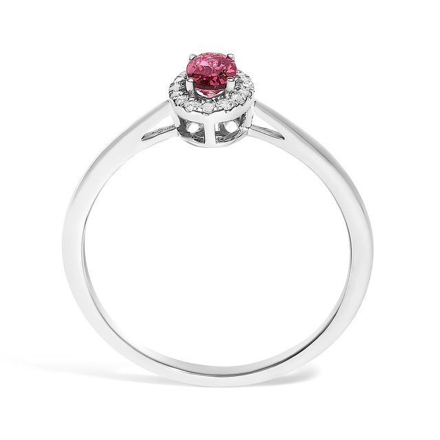 10K White Gold 5X3MM Oval Pink Tourmaline and Diamond Accent Halo Ring (I-J Color, I1-I2 Clarity) - Ring Size 8 For Sale In New York - Image 6 of 7