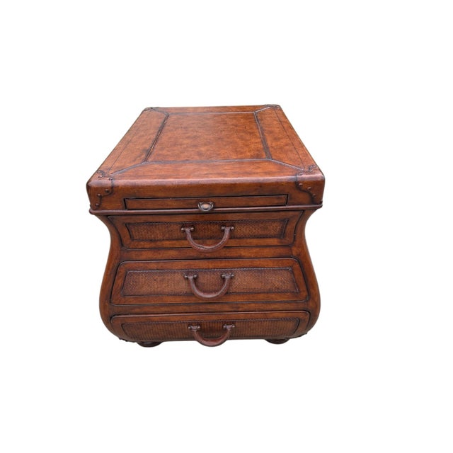Thomasville 1990s Thomasville Leather Wrapped Rattan Side End Table Trunk East Indies W/ Storage For Sale - Image 4 of 12