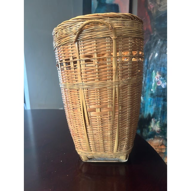 Chinese Vintage Tall Woven Split Reed Basket For Sale - Image 3 of 12