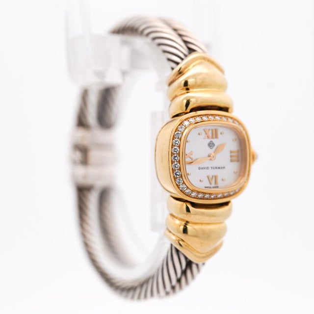 Contemporary David Yurman Mother of Pearl Diamond Bezel 18k Gold Silver Vintage 1990s Watch For Sale - Image 3 of 10