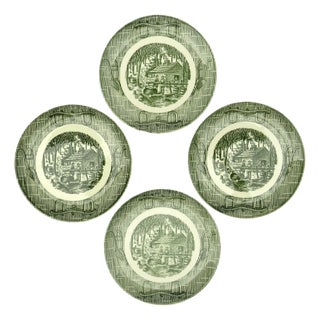 Farmhouse Chic Currier & Ives Green Transferware Plates, S/4 For Sale
