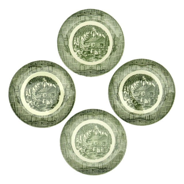 Farmhouse Chic Currier & Ives Green Transferware Plates, S/4 For Sale