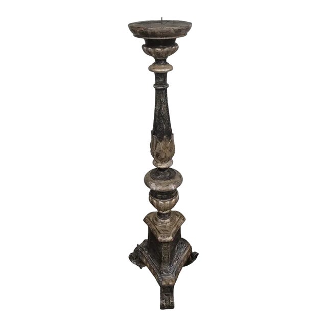 Antique Italian Parcel Gilt and Ebonized Wood Pricket Floor Altar Candlestick For Sale