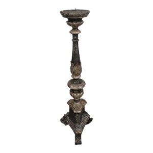 Antique Italian Parcel Gilt and Ebonized Wood Pricket Floor Altar Candlestick