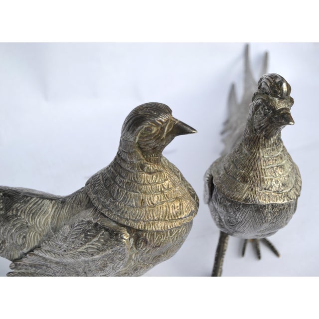 1930s 20th Century Silvered Bronze Set 2 Pheasant Animal Sculptures Figurines Italy For Sale - Image 5 of 12