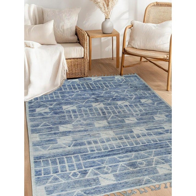 8x10 Blue Hand-Knotted Wool Linear Blocks Geometric Modern Carpet Rug For Sale - Image 11 of 12