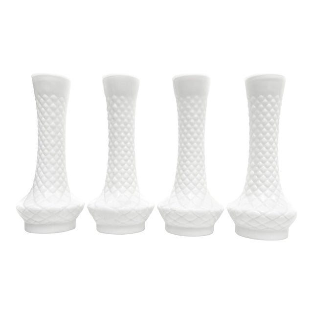 Mid Century Randall White Milk Glass Dramatic Flaring, Geometric Diamond Pattern Vases - 4 Pieces For Sale