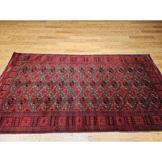 Vintage Turkmen Area Rug, Hand-Knotted Wool, Allover Geometric Pattern, Pistachio Green & Red, 4x8 For Sale In Chicago - Image 6 of 18