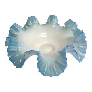 Antique Blue Fenton Ruffled Glass Plate Large Perfect For Sale