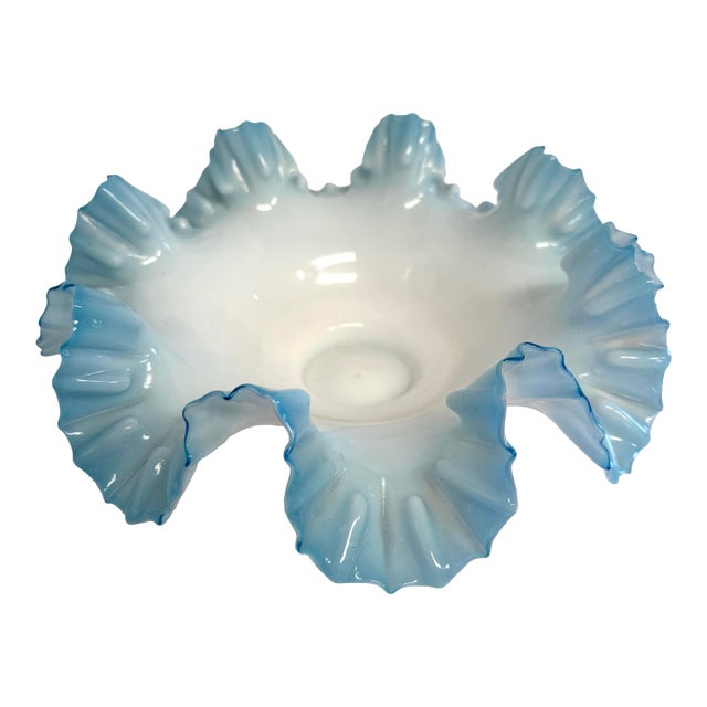 Antique Blue Fenton Ruffled Glass Plate Large Perfect For Sale