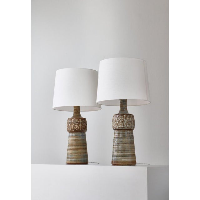 Wonderful pair of large handmade stoneware table lamps made in Denmark in the 1960s at the Søholm Stoneware workshop in...
