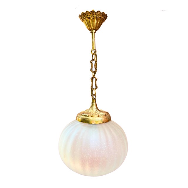 Metal Vintage French Louis XV Revival Gilt Bronze and Frosted Glass Pendant Light, 1950s For Sale - Image 7 of 7