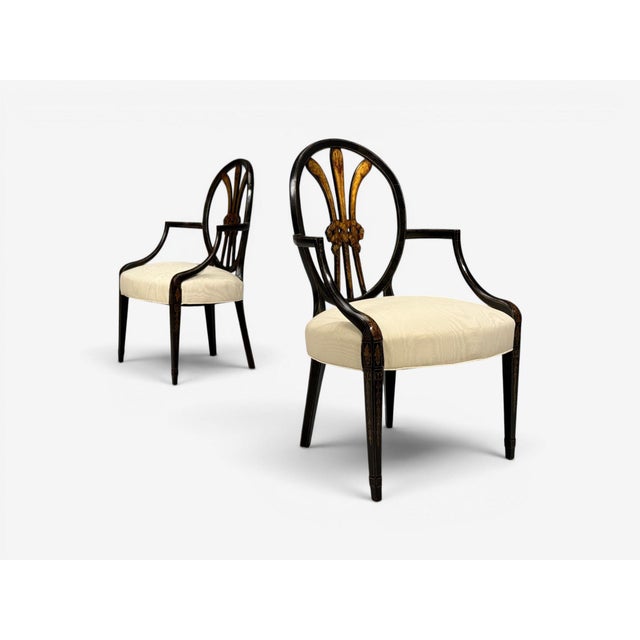 Neoclassical Neoclassical, Prince of Wales Armchairs, Ebonized Wood, Gilt, Silk, Usa, 19th C. For Sale - Image 3 of 18