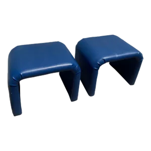 1980s Pair of Post Modern Blue Faux Leather Waterfall Ottoman/ Footstool