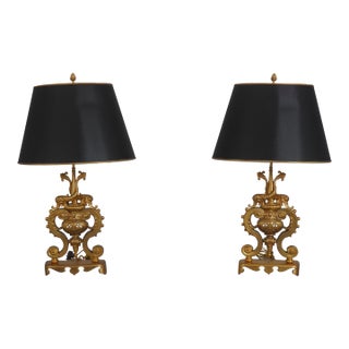 Antique French Bronze Dolphin Andiron Converted Table Lamps - a Pair For Sale