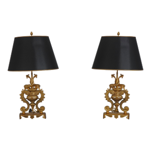 Antique French Bronze Dolphin Andiron Converted Table Lamps - a Pair