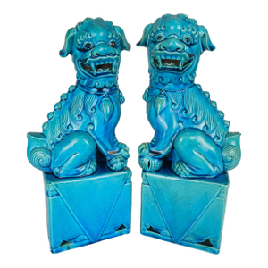 Early 20th Century Turquoise Blue Glaze Foo Dogs- a Pair