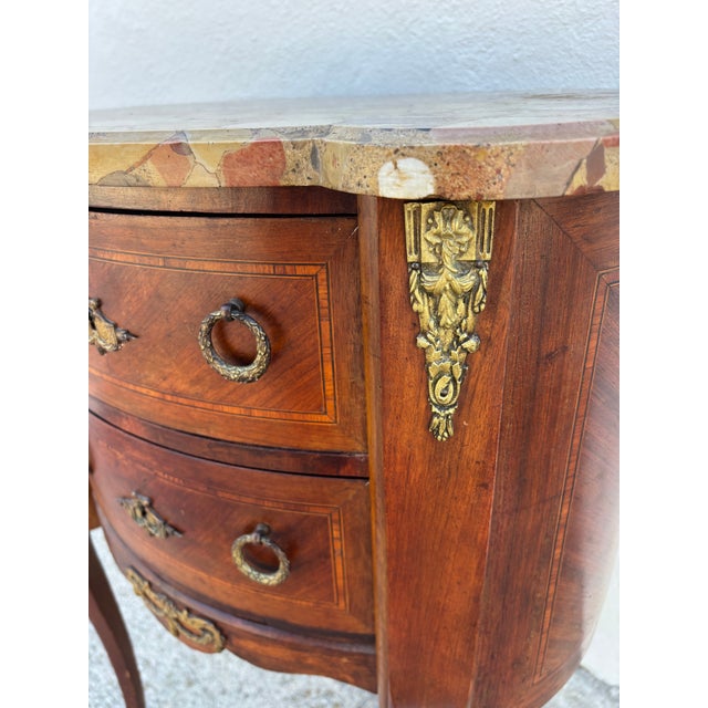 Antique French Louis XV or Louis XVI Style Kidney-Shaped Marquetry Commode / Side Table With a Marble Top For Sale - Image 9 of 12