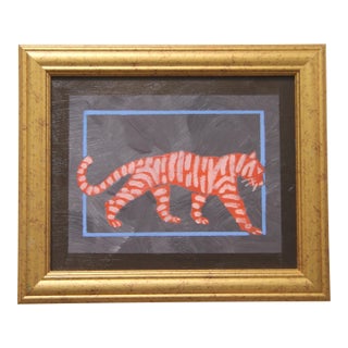 Tiger Minimalism Folk Art Abstract Orange Sepia Blue Original Oil Painting by Cleo Plowden For Sale