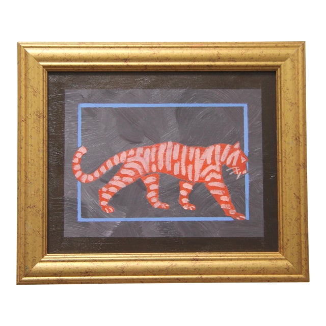 Tiger Minimalism Folk Art Abstract Orange Sepia Blue Original Oil Painting by Cleo Plowden For Sale