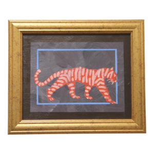 Tiger Minimalism Folk Art Abstract Orange Sepia Blue Original Oil Painting by Cleo Plowden